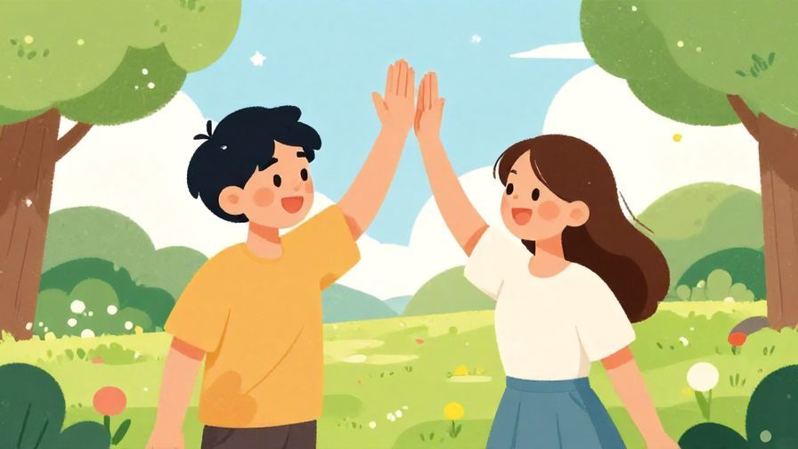 Illustration of two friends giving each other a high five in a park, bright and playful colors
