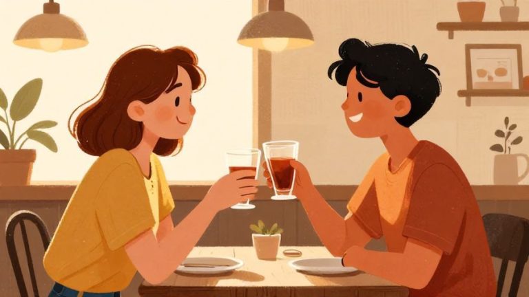Illustration of two friends happily clinking glasses in a cozy cafe, surrounded by soft sunlight and warm colors, illustrated style