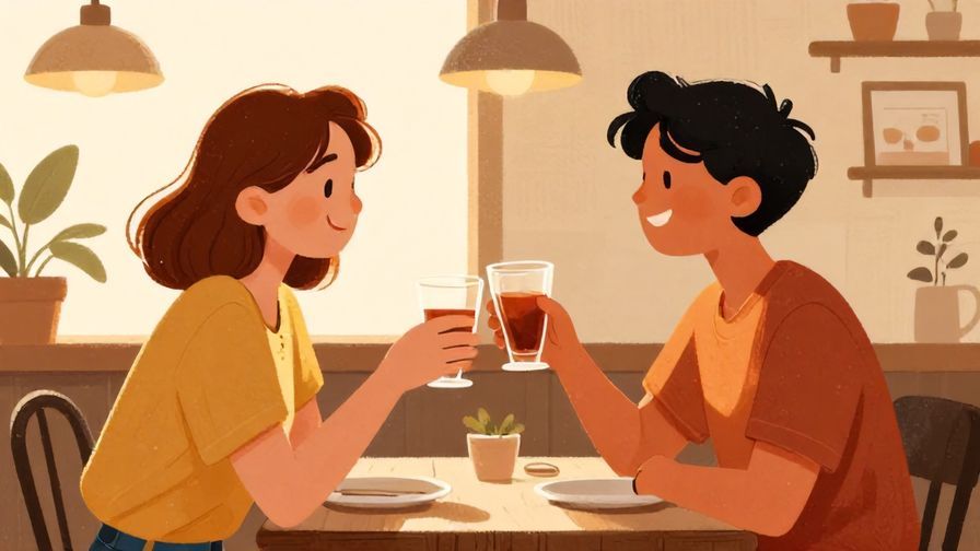 Illustration of two friends happily clinking glasses in a cozy cafe, surrounded by soft sunlight and warm colors, illustrated style