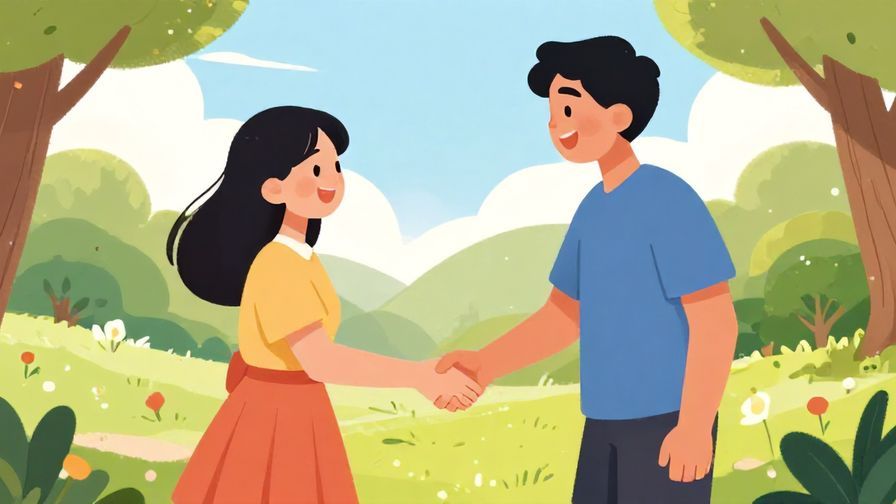 Illustration of two friends happily shaking hands in a park, bright daylight and cheerful atmosphere