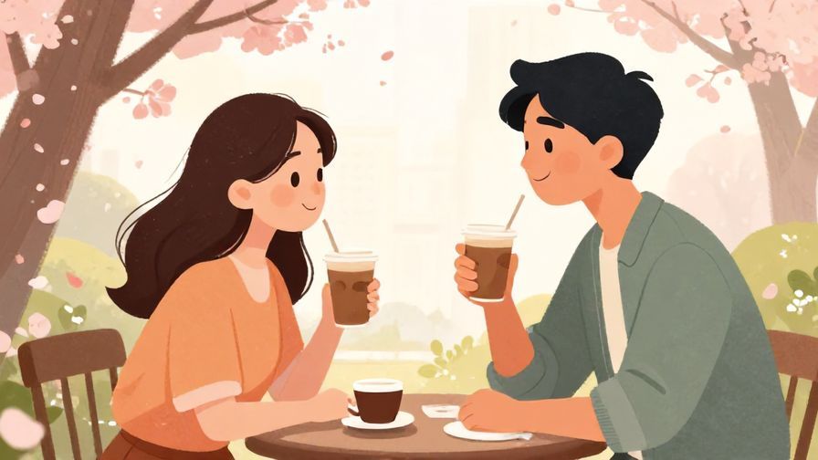 Illustration of two friends having coffee outdoors, one complimenting the other with a smile under blooming trees, soft lighting