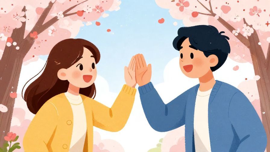 Illustration of two friends high-fiving excitedly with cherry blossoms in the background, vibrant colors, illustrated style