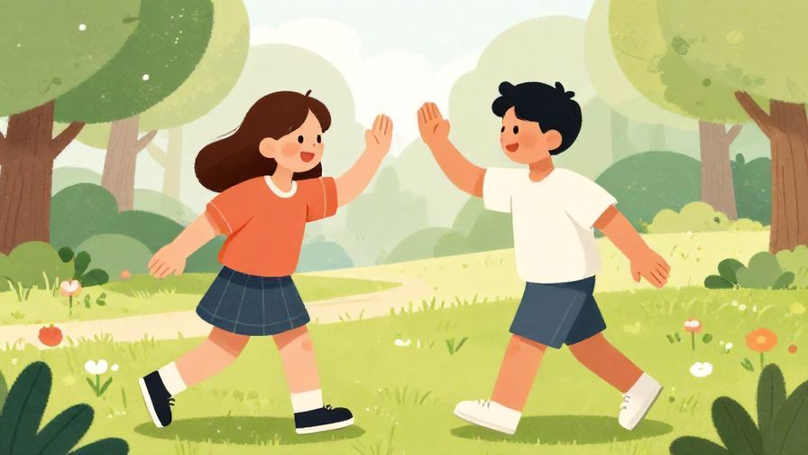 Illustration of two friends high-fiving in a park early morning, casual summer clothes, energetic and playful vibe