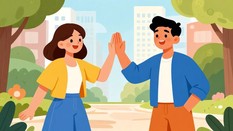 Illustration of two friends high-fiving, laughing in a casual urban park setting, bright and energetic colors