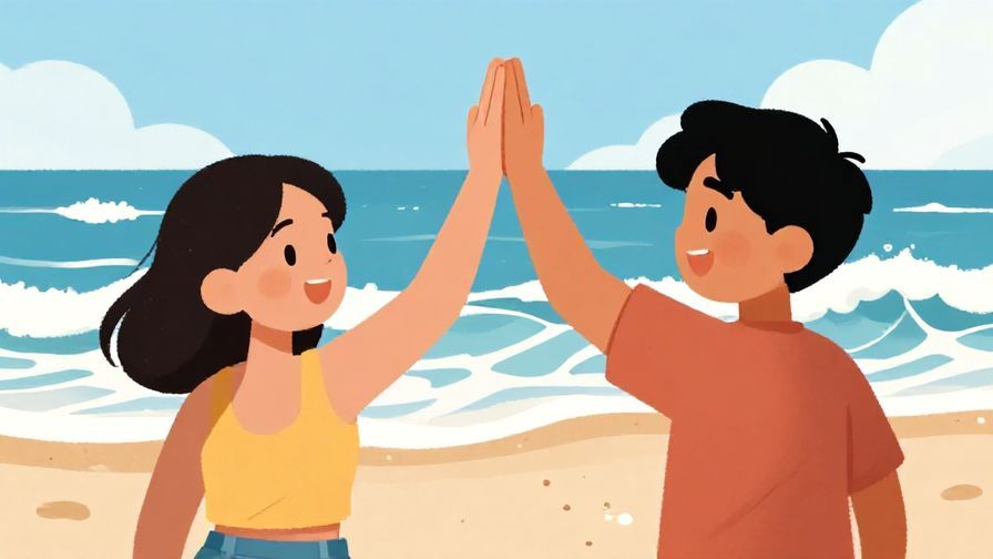 Illustration of two friends high-fiving on a sunny beach with waves crashing behind, casual and fun vibe