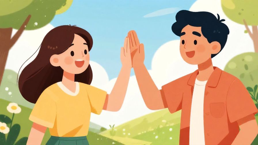 Illustration of two friends high-fiving outdoors with big smiles, bright sunny day