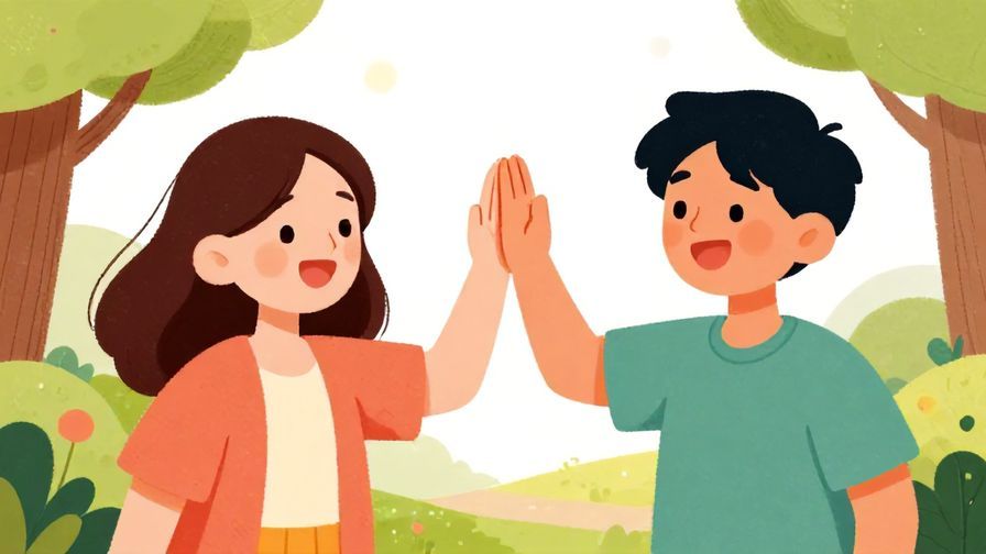 Illustration of two friends high-fiving outdoors with joyful expressions, bright and fun colors