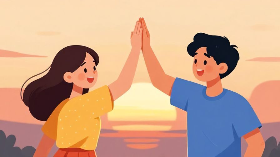 Illustration of two friends high-fiving with a sunset background, cheerful and bright colors