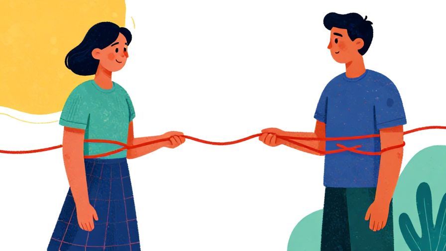 Illustration of two friends holding a red rope tied tightly between them, vibrant colors, illustrated style