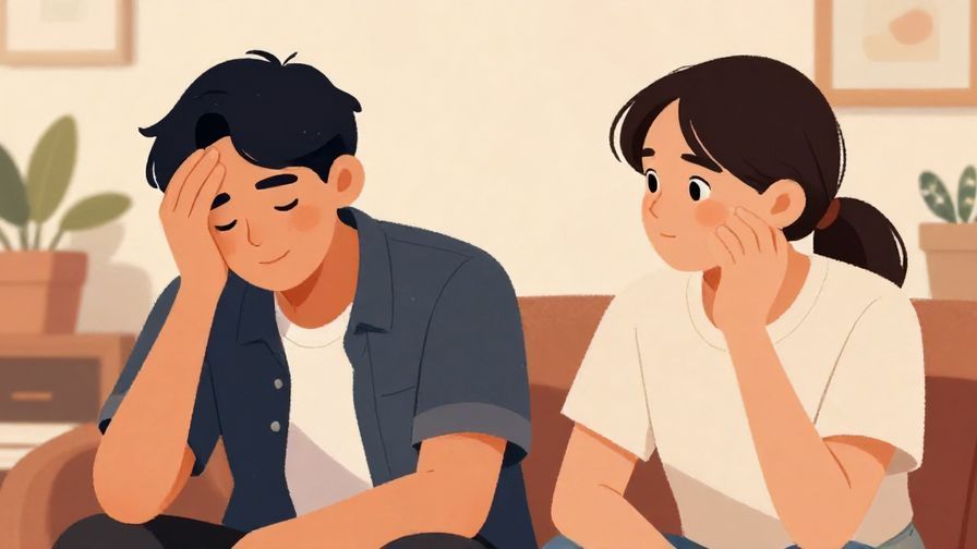 Illustration of two friends in a casual setting, one shaking their head with a smile while the other looks sheepish, cozy room background