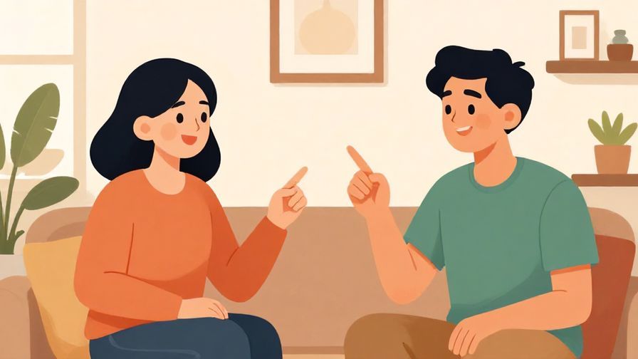 Illustration of two friends in a cozy room, one pointing at an object, the other explaining with a smile, casual vibe