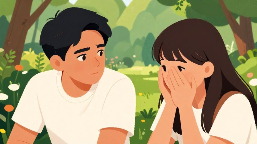Illustration of two friends in a park, one leaning in and speaking earnestly with a serious expression, the other nodding in attention, lush greenery in the background