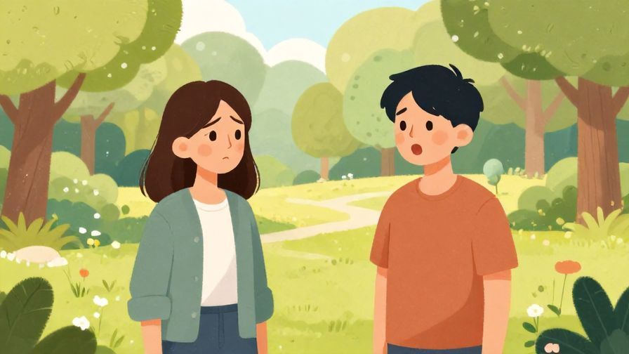 Illustration of two friends in a park, one looking annoyed and the other surprised, colorful trees and soft sunlight in the background, illustrated style