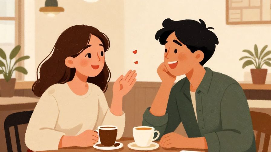 Illustration of two friends joking and laughing together with relaxed gestures, cozy cafe background, illustrated style