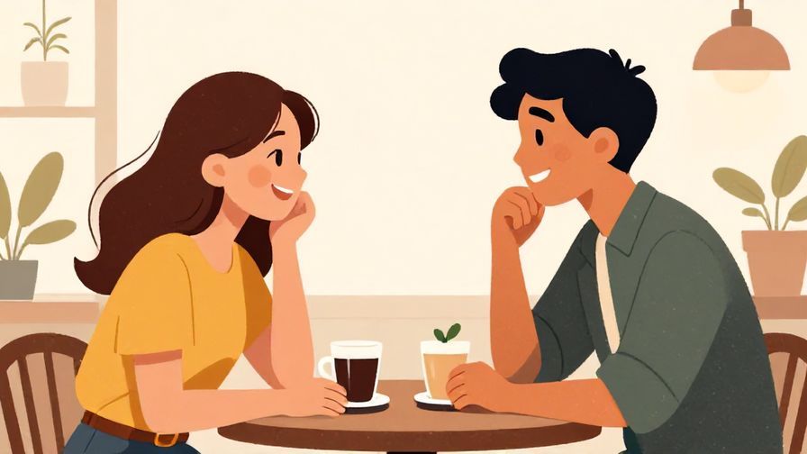 Illustration of two friends laughing and chatting casually in a cafe, relaxed and friendly mood