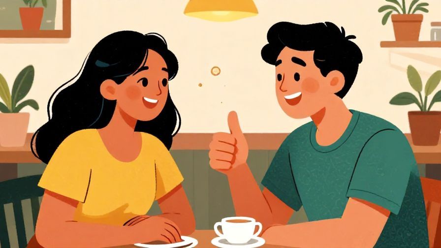 Illustration of two friends laughing and chatting casually at a café, one giving a thumbs-up, bright and friendly atmosphere, detailed background, vibrant colors, illustrated style