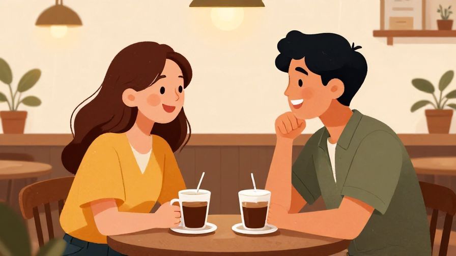 Illustration of two friends laughing and chatting in a coffee shop, warm and inviting atmosphere