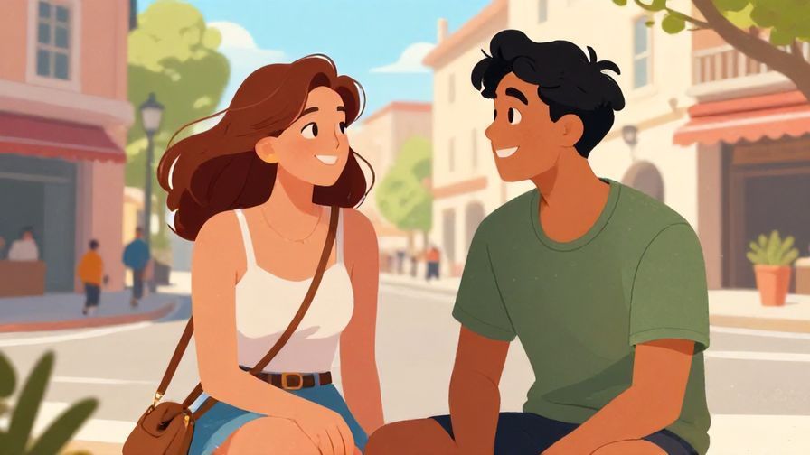 Illustration of two friends laughing and chatting casually on a sunny street corner, relaxed and bright colors