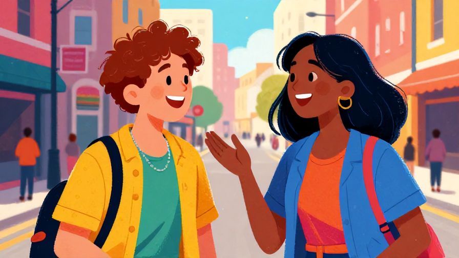 Illustration of two friends laughing and chatting casually on a city street, vibrant colors, lively atmosphere, illustrated style