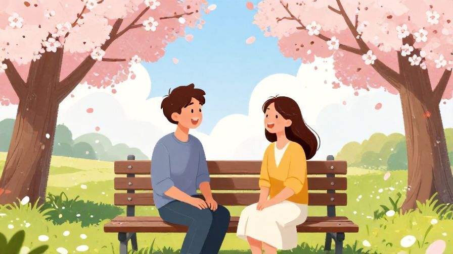 Illustration of two friends laughing and chatting on a park bench under cherry blossom trees, bright and cheerful atmosphere