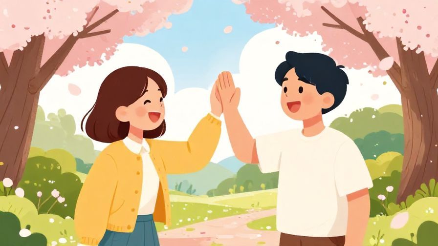 Illustration of two friends laughing and high-fiving in a park under cherry blossoms, bright and cheerful colors