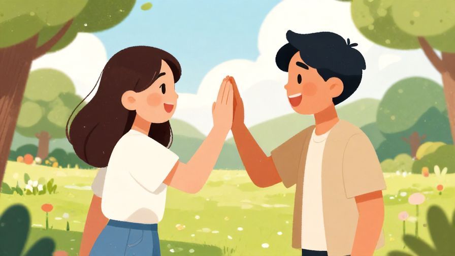 Illustration of two friends laughing and high-fiving after a close call, bright sunny park background