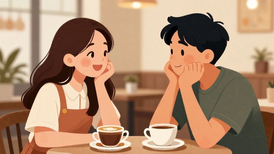 Illustration of two friends laughing and nodding in agreement, cozy café background