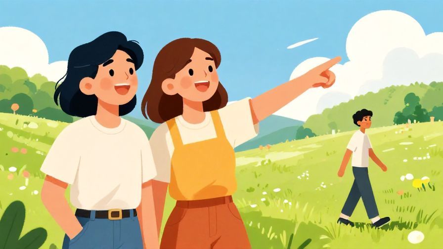 Illustration of two friends laughing and one pointing ahead while the other starts walking, bright sunny day, vibrant colors