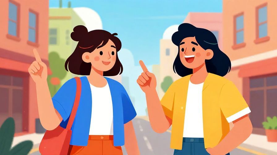 Illustration of two friends laughing and pointing playfully, bright and colorful urban setting