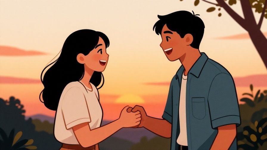 Illustration of two friends laughing and shaking hands outdoors, warm sunset background