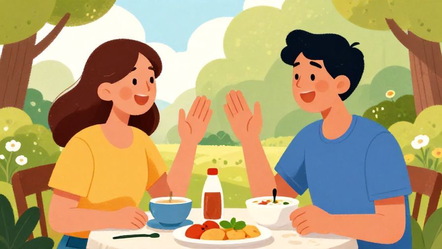 Illustration of two friends laughing and sharing a meal outdoors, one excitedly exclaiming with hands raised, vibrant colors, sunny park setting