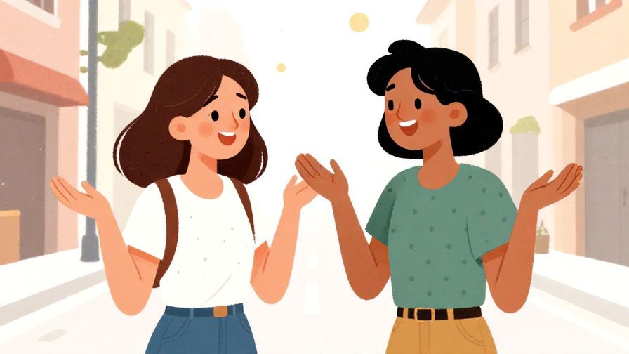 Illustration of two friends laughing and shrugging together on a sunny street, soft dots and abstract shapes creating a lighthearted mood