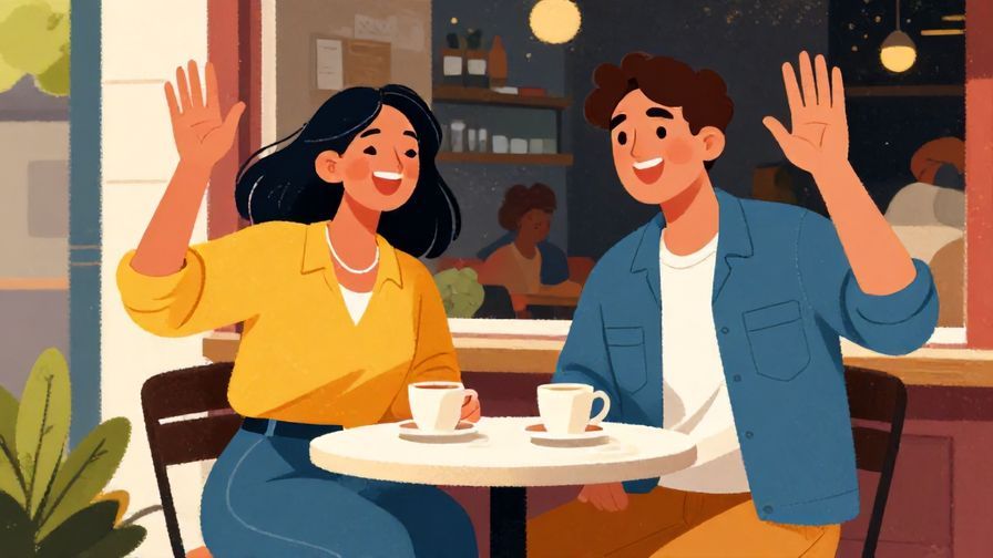 Illustration of two friends laughing and waving goodbye outside a café on a sunny afternoon, casual vibe, vibrant colors, illustrated style