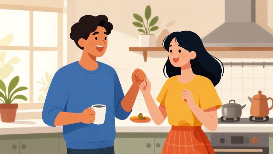 Illustration of two friends laughing in a sunny kitchen, one full of energy, the other smiling, bright colors