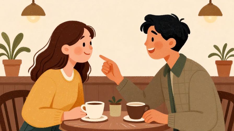 Illustration of two friends laughing, one nudging the other to guess, cozy café setting, warm colors, illustrated style