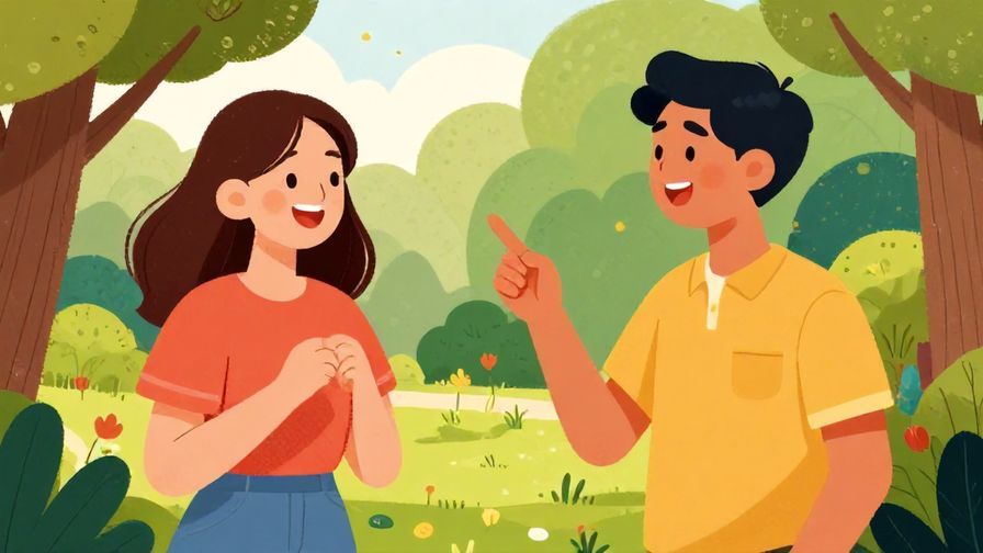 Illustration of two friends laughing, one pointing at the other while speaking in a park setting, vibrant colors, illustrated style