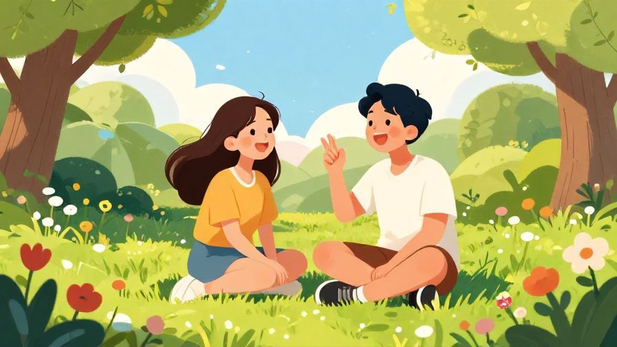 Illustration of two friends laughing together in a sunny park, surrounded by blooming flowers and a bright, joyful atmosphere