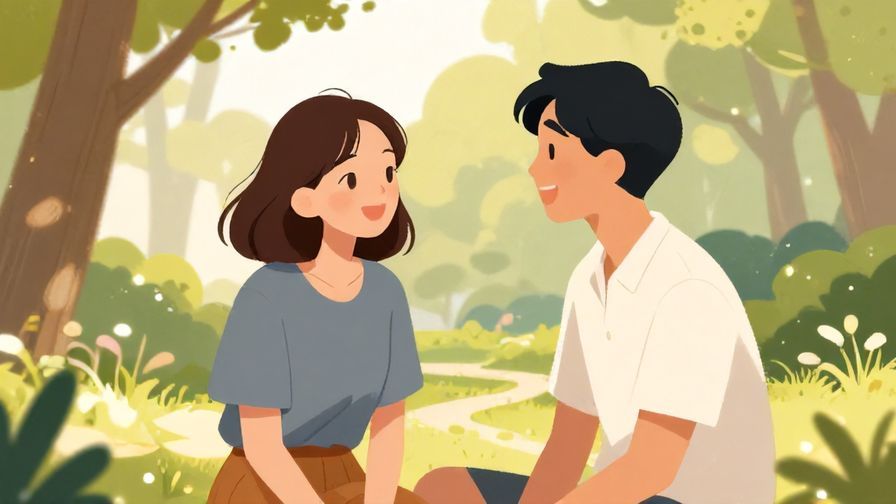Illustration of two friends laughing together in a park, casual clothes, soft sunlight filtering through trees