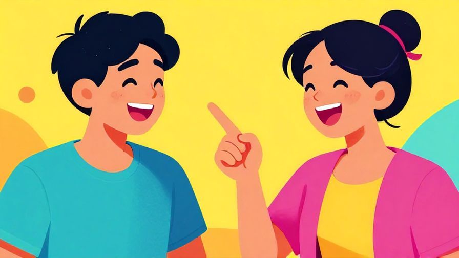 Illustration of two friends laughing together, one playfully pointing at the other, vibrant and lively colors