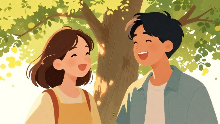 Illustration of two friends laughing together under a tree with sunlight filtering through leaves, symbolizing a happy connection