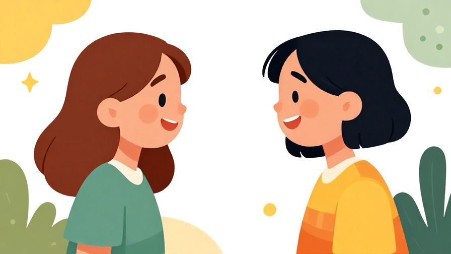 Illustration of two friends laughing together while greeting each other, bright colors, playful atmosphere