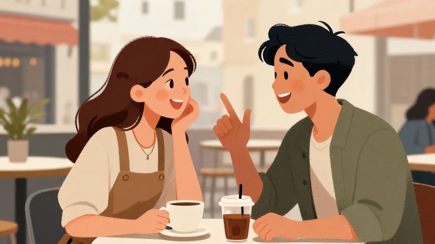 Illustration of two friends laughing with one teasing the other, a casual urban café background