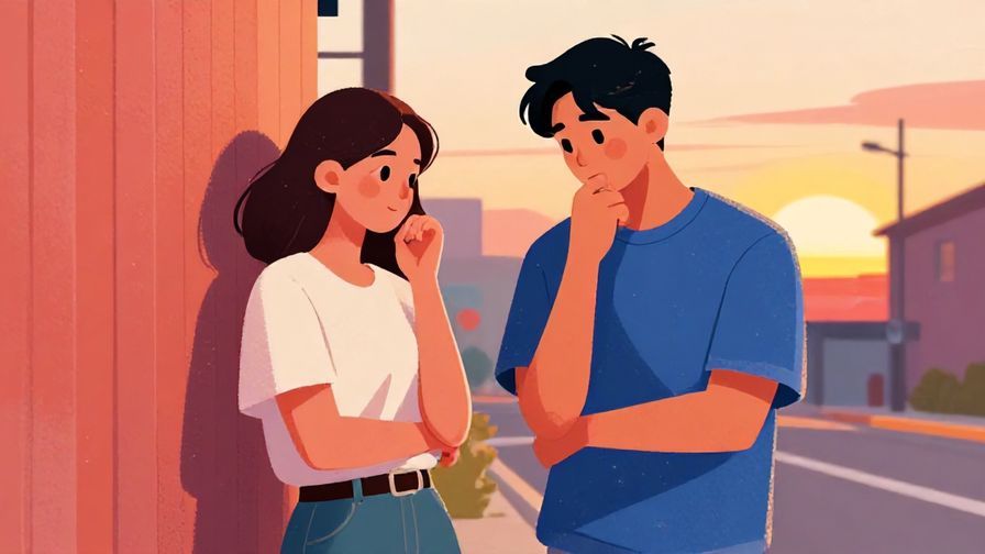 Illustration of two friends leaning against a wall, nodding in agreement, casual streetwear, sunset background, vibrant colors, illustrated style