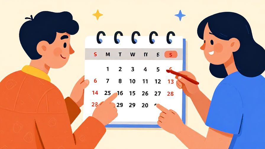 Illustration of two friends looking at a calendar, deciding on a date with smiles, vibrant colors, illustrated style