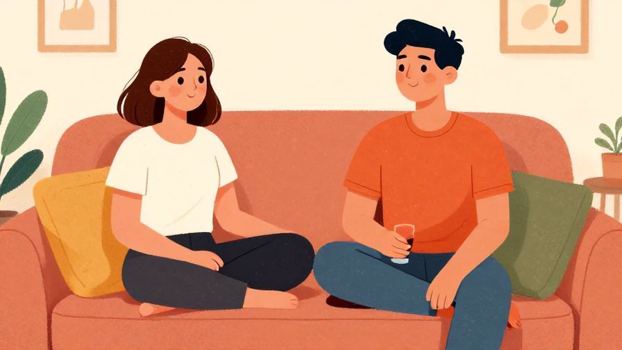 Illustration of two friends lounging on a sofa, relaxed expressions, casual home setting, vibrant colors, illustrated style