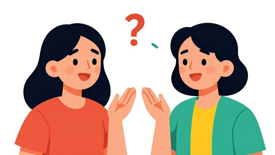 Illustration of two friends meeting and one asking the other a cheerful question with an animated expression, vibrant colors