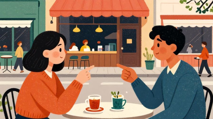 Illustration of two friends nodding and pointing to a cozy cafe, lively street scene, vibrant colors, illustrated style