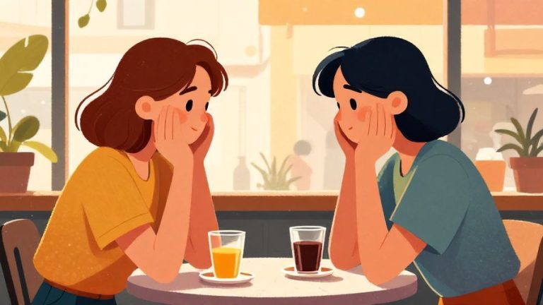 Illustration of two friends nodding in agreement while sitting at a cafe table with warm sunlight, vibrant colors, illustrated style