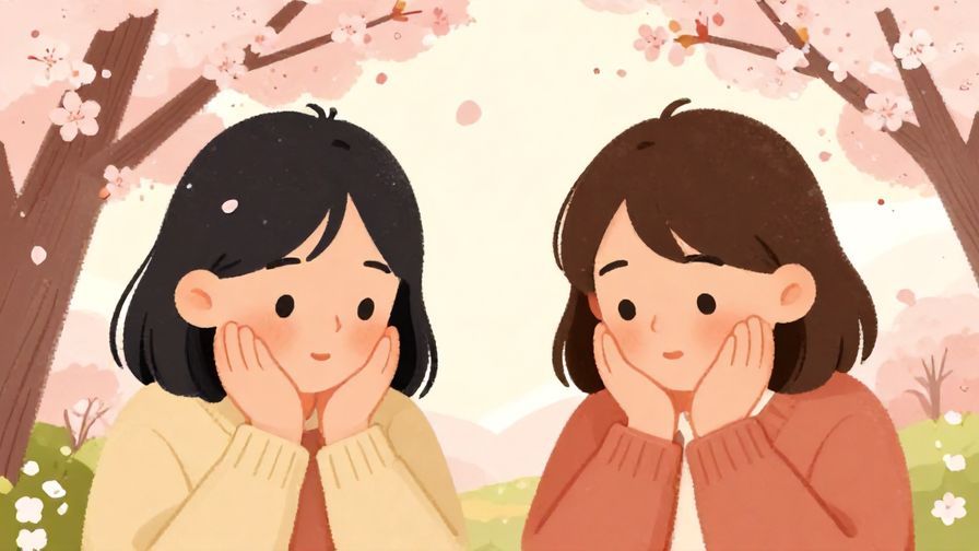 Illustration of two friends nodding with a soft background of cherry blossoms, warm tones, illustrated style