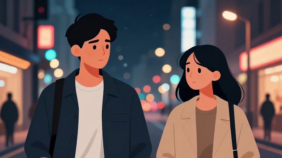 Illustration of two friends on a city street at night, one looking serious and the other apologetic, neon lights in background